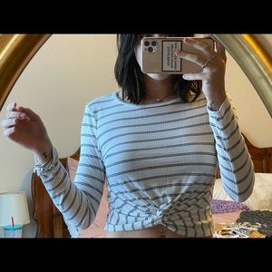 white and black striped long sleeve crop top